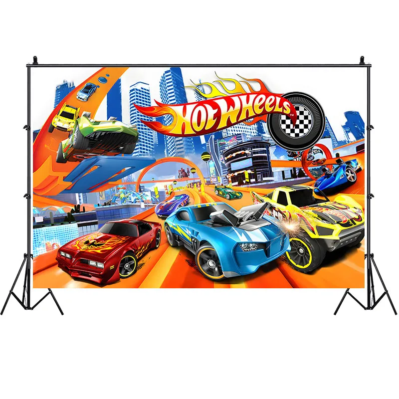 Décoration Fond Photo Anniversaire Garçon - Bannière Fond écran Hot Wheels Wild Racer - Vinyle