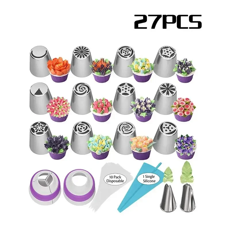 27pcs Russian Tulip Icing Piping Nozzles Pastry Cream Tips Stainless Stee Nozzleb Set Confectionery Bakeware Baking Cake Tools