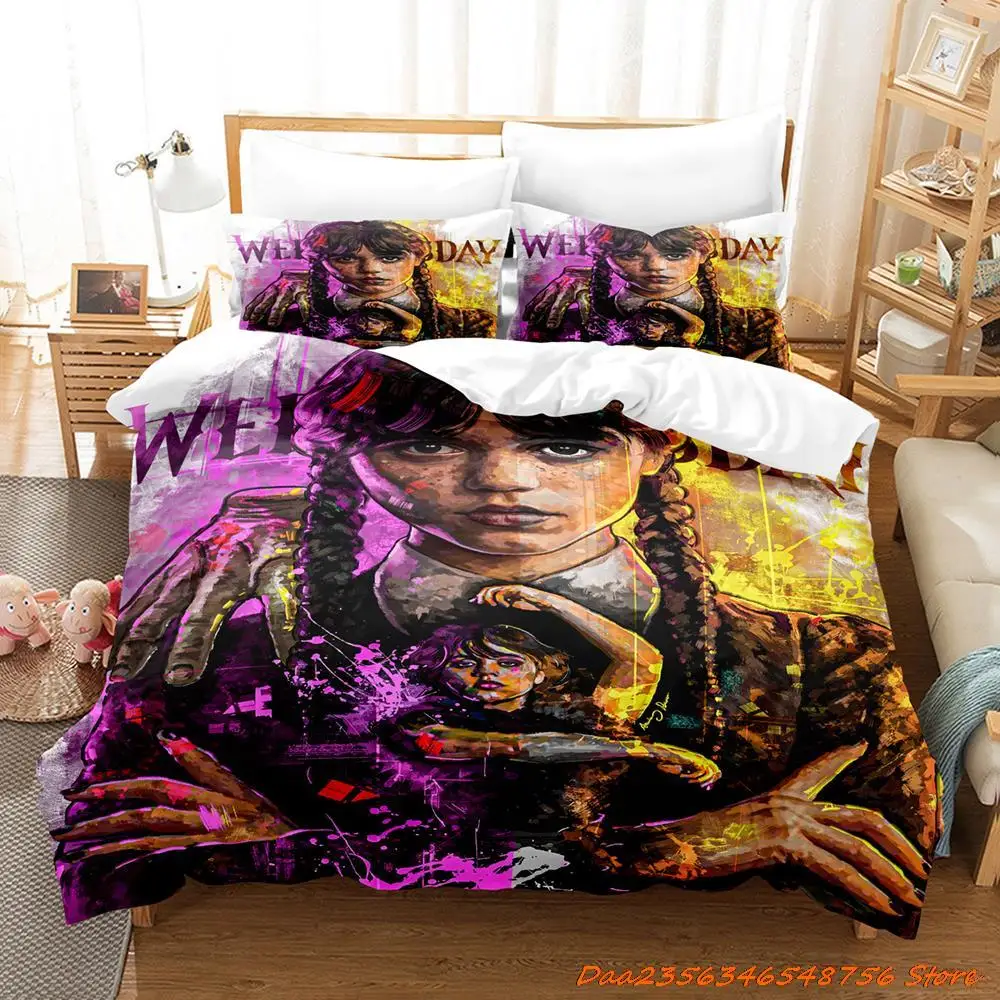 Wednesday Addams Bedding Set Cartoon Anime three-piece set Adult Kid Bedroom Duvetcover Sets 3D Cool goth bed sheets 3