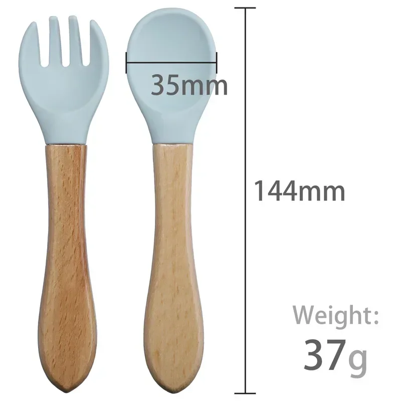 Baby 2pcs Silicone Fork Spoon Baby Beech Wood Feeding Spoon Toddlers Infant Feeding Accessories BPA Free Baby Feeding Tableware 2