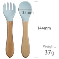Baby 2pcs Silicone Fork Spoon Baby Beech Wood Feeding Spoon Toddlers Infant Feeding Accessories BPA Free Baby Feeding Tableware 2