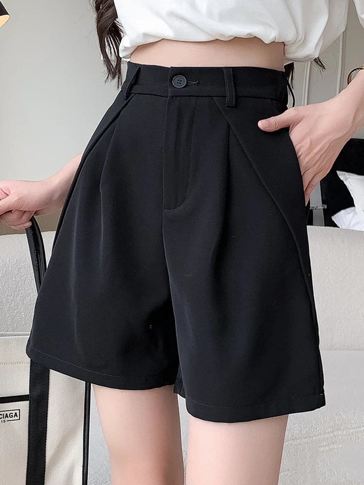QOERLIN S-XXL Chic Design Khaki Black Shorts High Waist Elastic Waist Shorts Fashion Pocket Wide Leg Shorts Elegant Office Lady