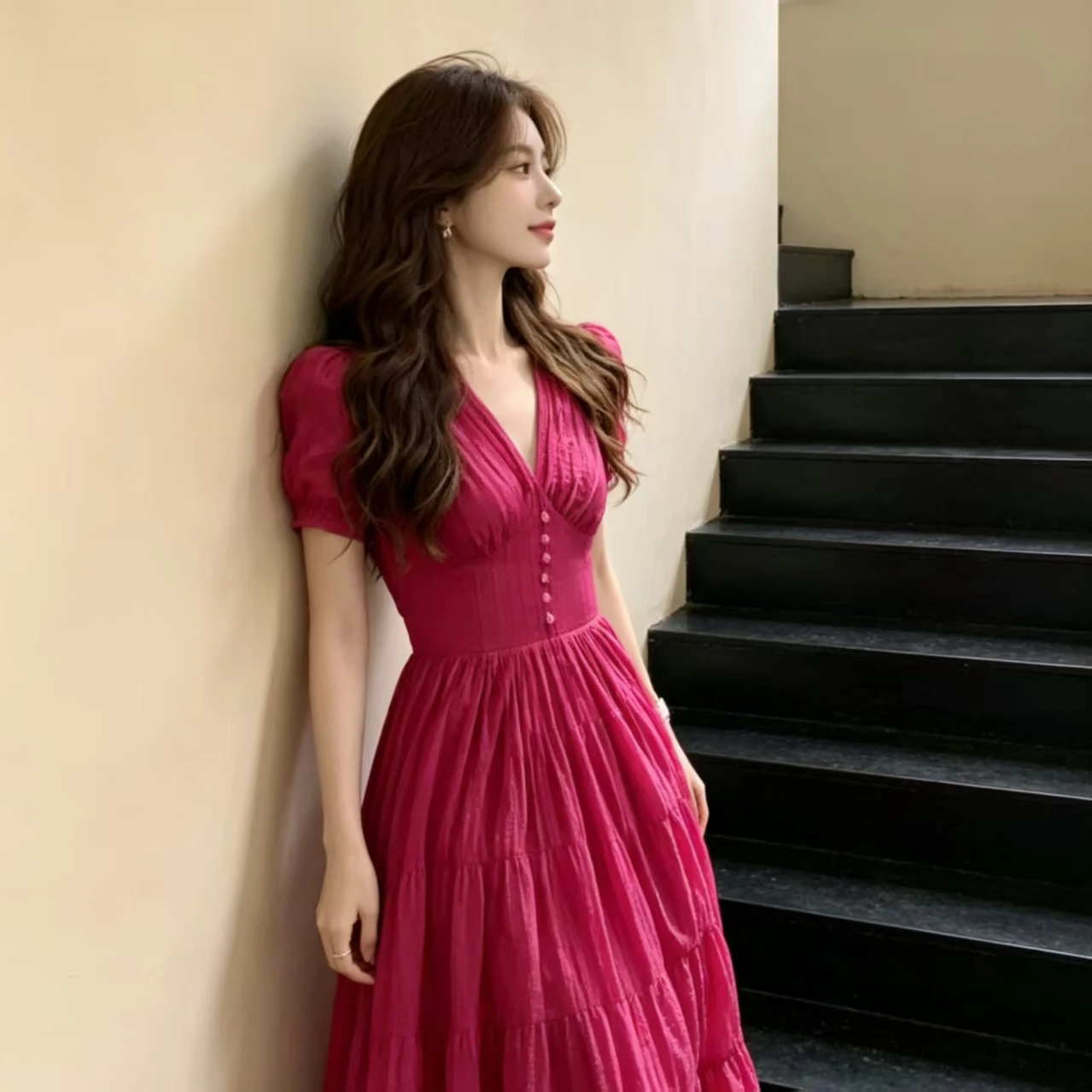 여행 해변 휴가 스타일 아름다운 미니 드레스 핑크 맥시 스커트 여성 여름 하이웨이스트 한국 스타일 반팔 V넥