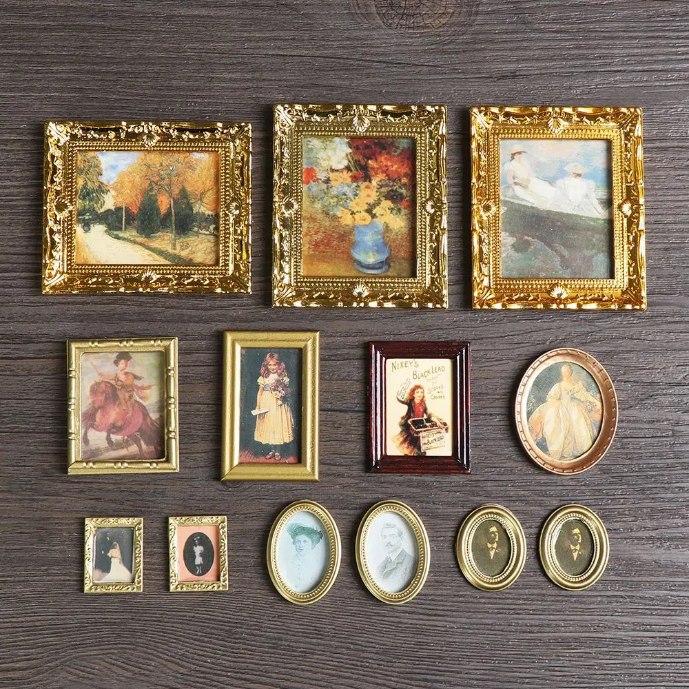 

1:12 Scale Vintage Gloden Frames Miniature Oil Painting Dollhouse Ornament Mini Picture Retro Mirror Kids Toys Doll Accessories