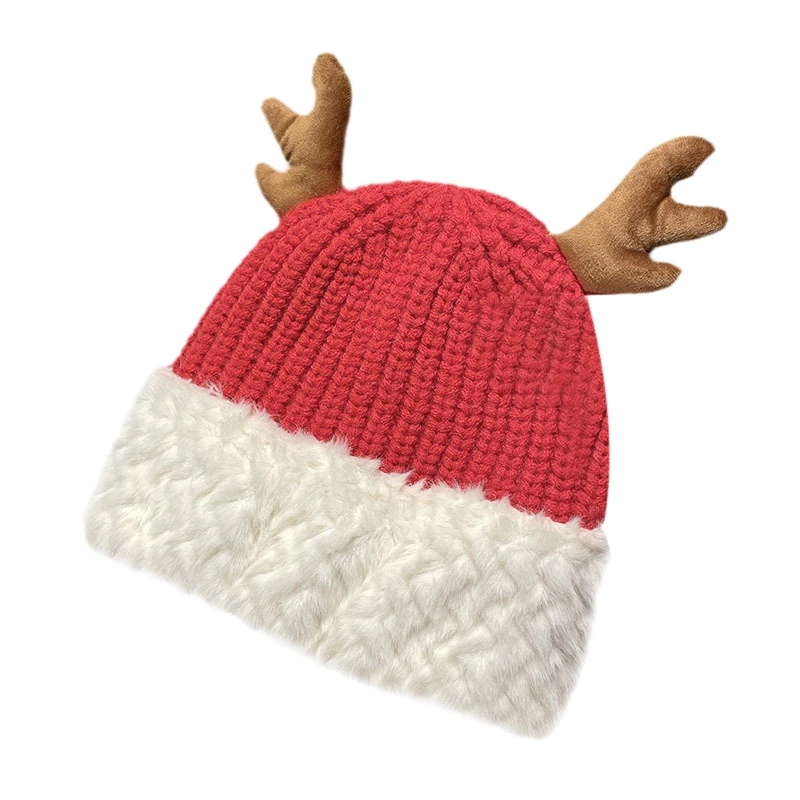 Listenwind Christmas Beanie for Women and Men Knit Cap Plush Cartoon Elk Horn Warm Winter Caps Beanie Hat