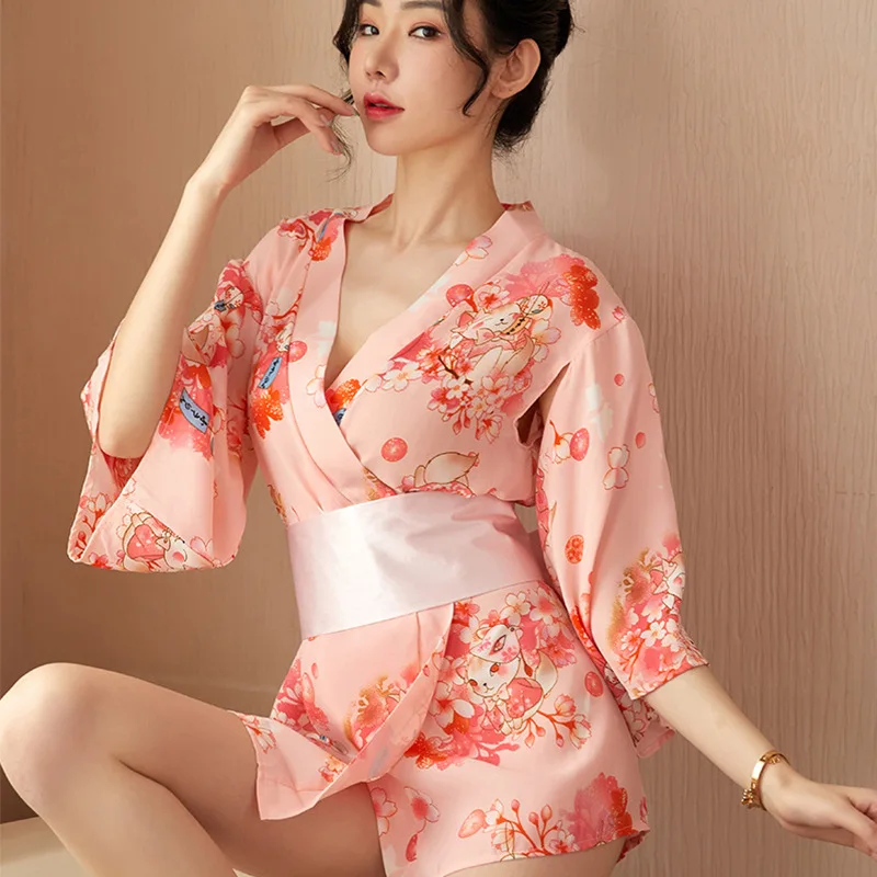 

Pink Sweet Sakura Sexy Elegance Japanese Kimono Chiffon Lingerie Set Geisha Maid Roleplay Uniform Big Bowknot Bathrobe Nightwear