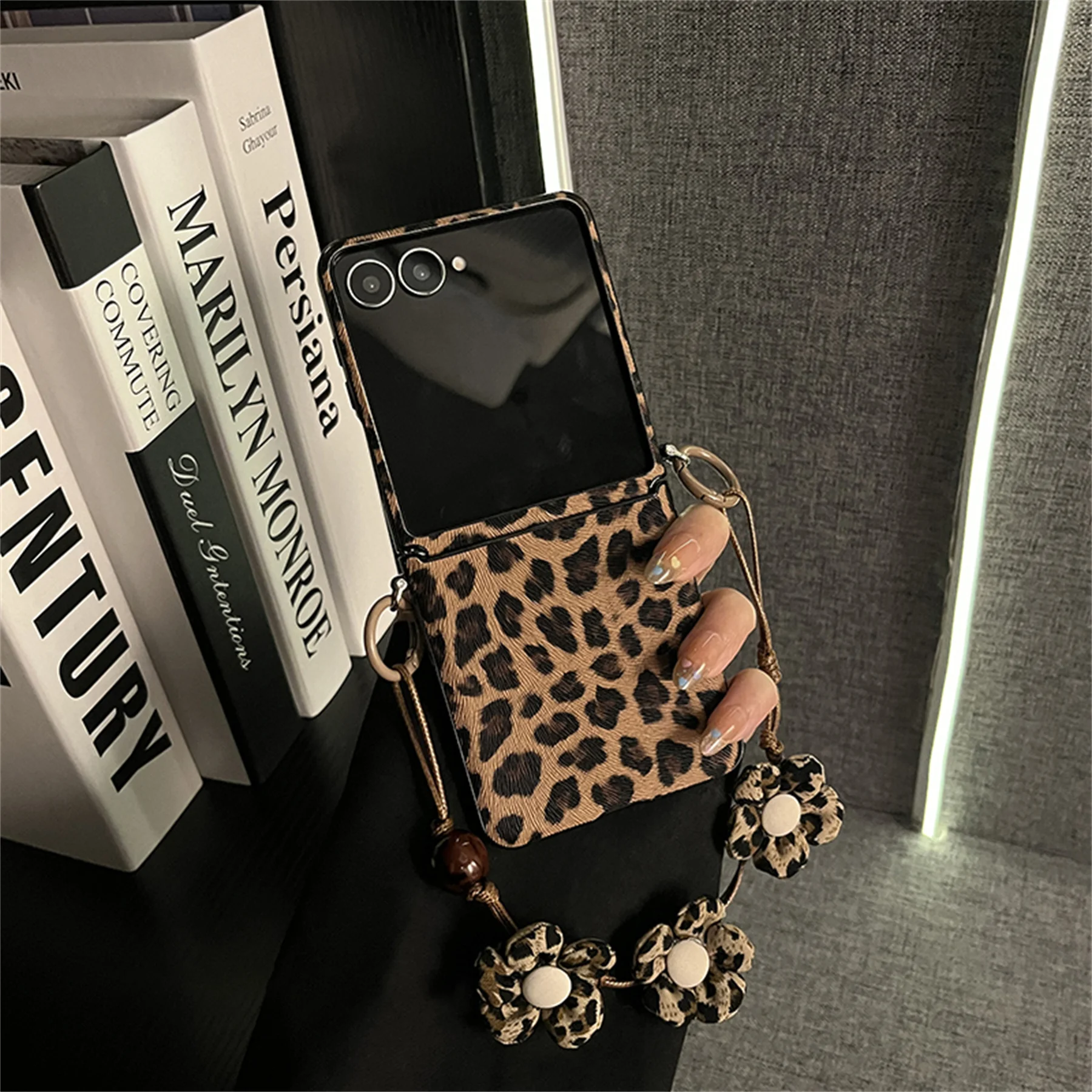 Stylish Leopard Print Phone Case with Floral Strap in Brown