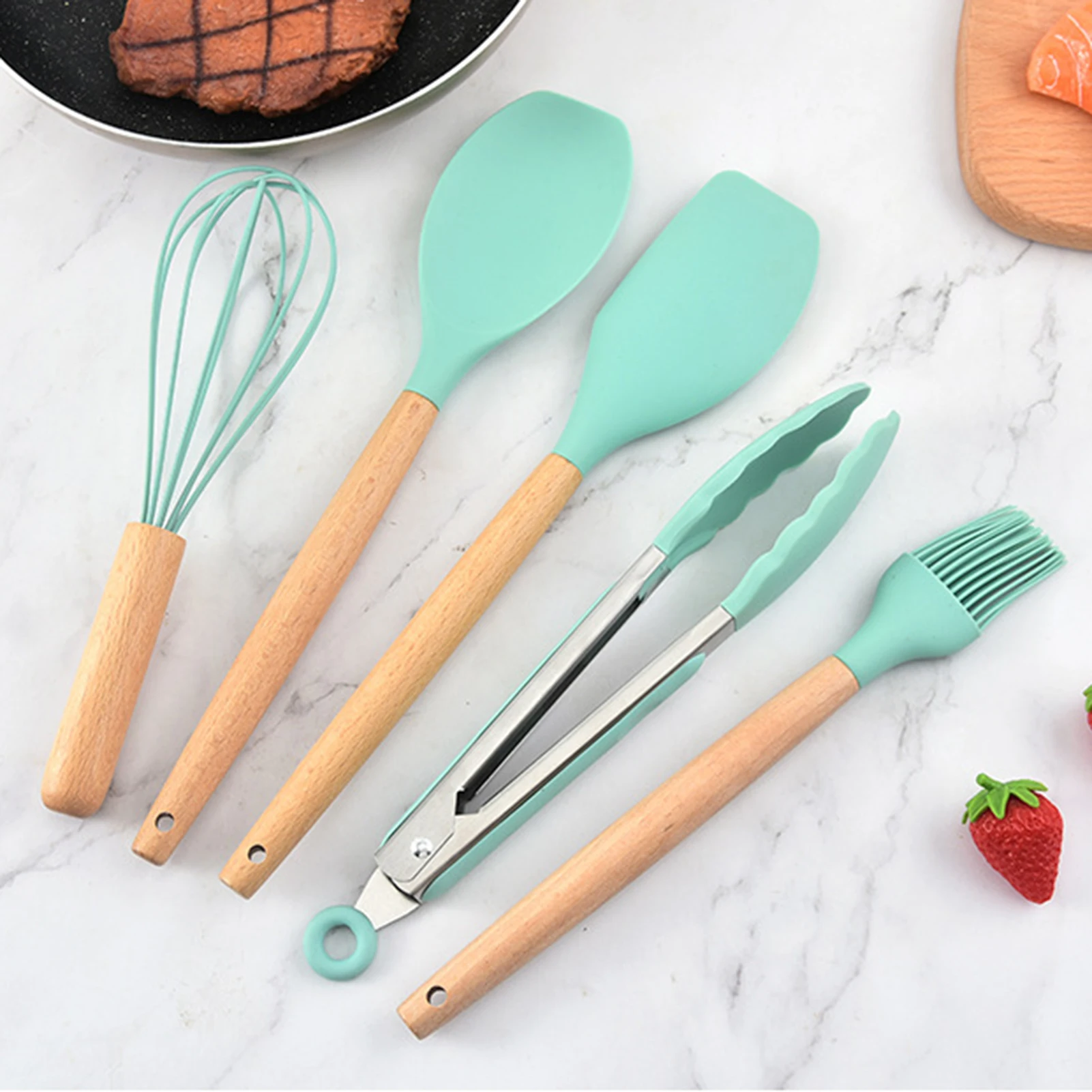 12 Piece Cookware Spatula Set Wood Handle Heat Resistant Cooking Utensils for Baking and Outdoor Grilling