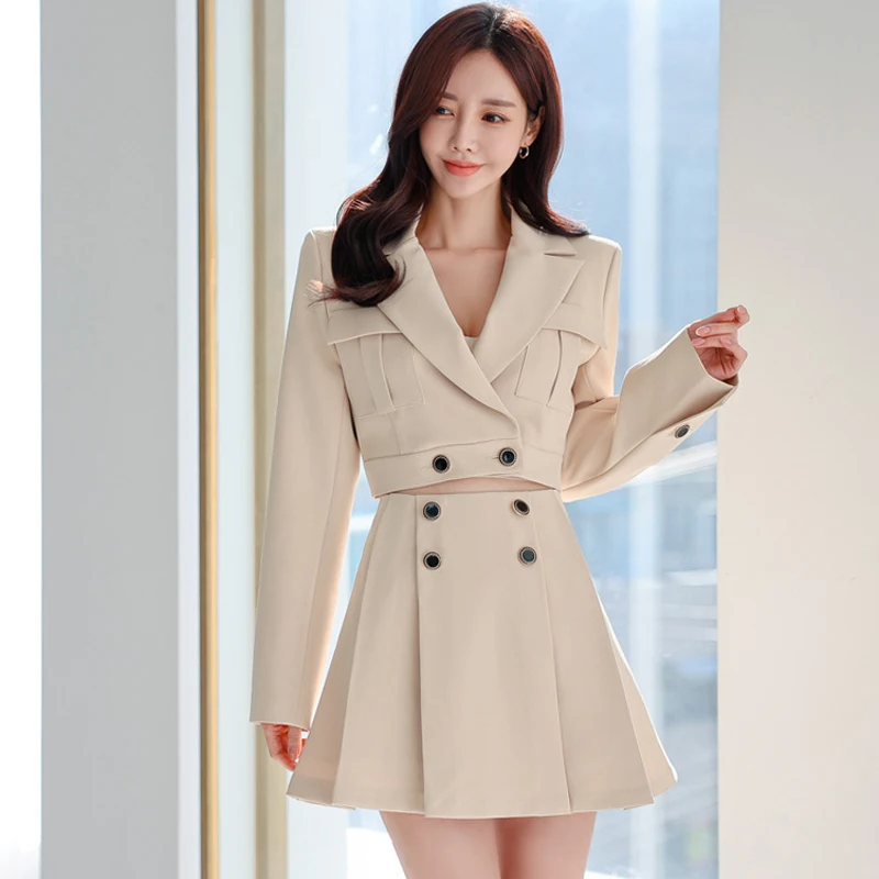 

Matching Set Blazer And Skirts Women England Style Navel Exposed Short Empire Blazer Feminino Femme Two Piece Suits