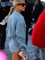 BKQU Denim Sequins 2 Piece Pants Set Women Fashion High Waist Shorts Lapel single-breasted Cropper Jackets Female Luxury Outfits - Image 2