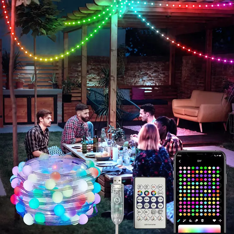 Garden String Light  DC5V WS2812B Party Wedding Decor Outdoor LED Fairy Lights Smart Bluetooth Music APP Remote Addressable 10m