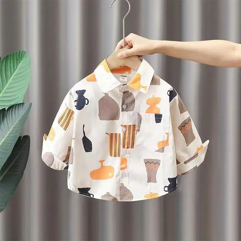 

Kids Boys Summer High Quality Cotton Top Boys Long Sleeve Handsome Children's Printed Shirt 2023 New Casual and Clothing Style..