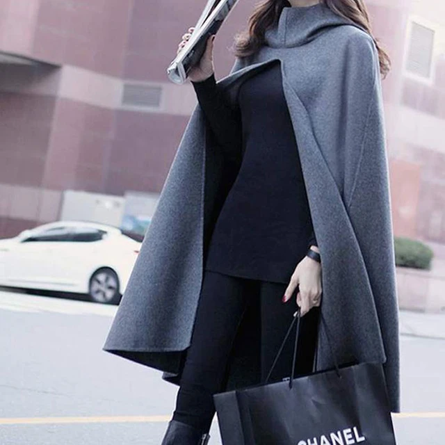 Women Bat Sleeve Mid-long Poncho Coat Autumn Ladies Outerwear Hooded Cape  Coat Cloak Shawl Smock