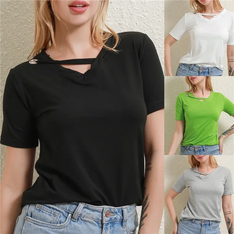 

Sexy Solid Color V Neck Short Sleeves Causal T Shirt Women Bottoming Shirt Ladies Tee Shirt Tops Camisetas Mujer