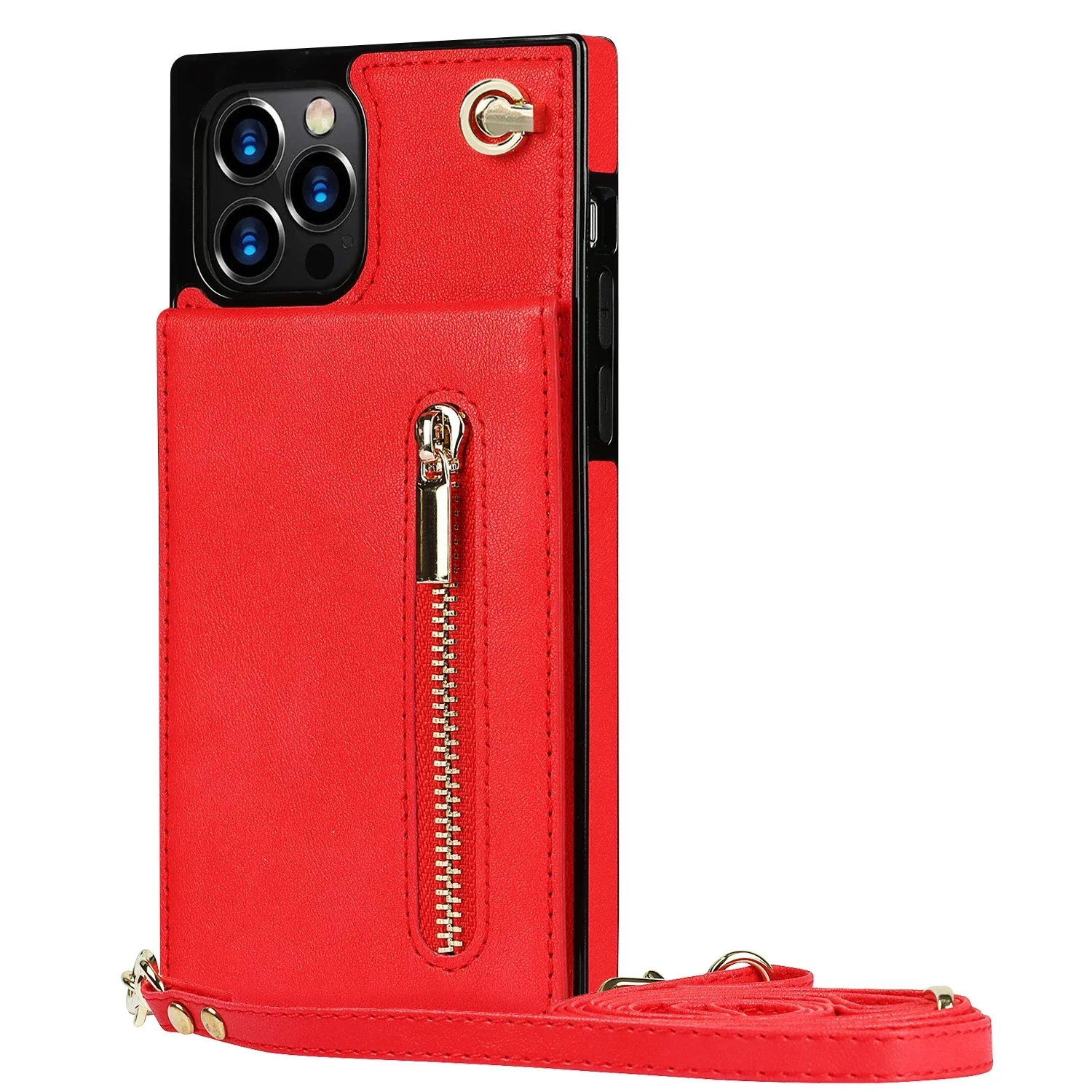 Leather Crossbody Zipper Wallet with Card Holder and Lanyard Strap