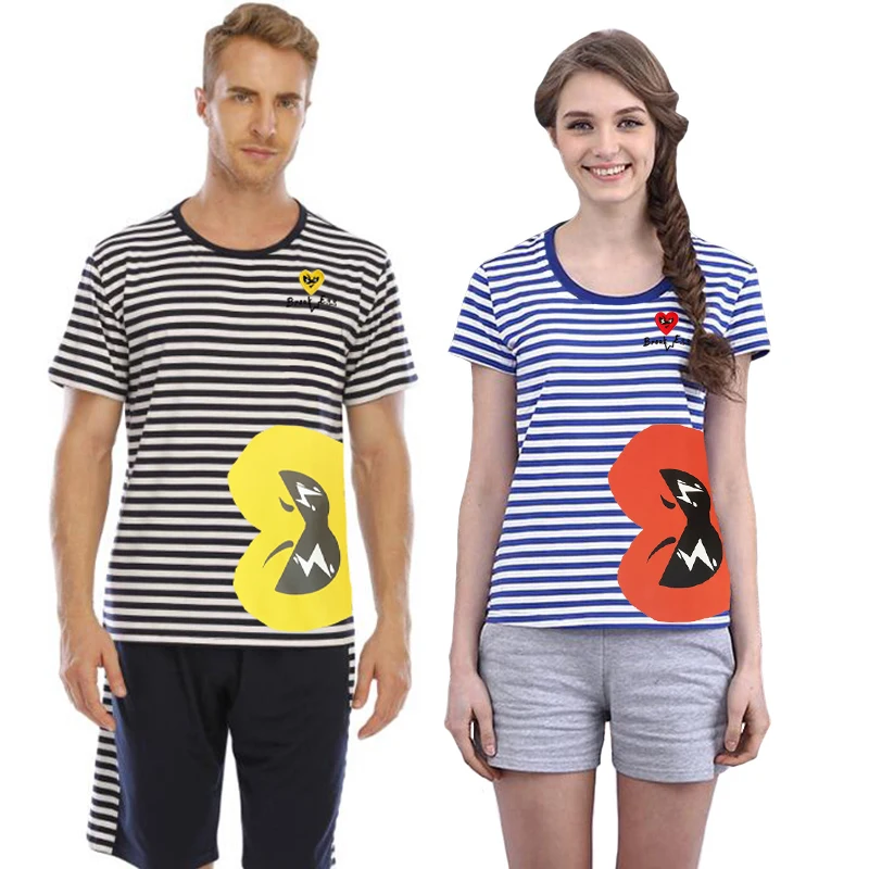 

Break Egg Men Women T-shirt Striped Short-sleeved Cotton Heart Glasses Embroidery Waist Half Heart Print T-shirt