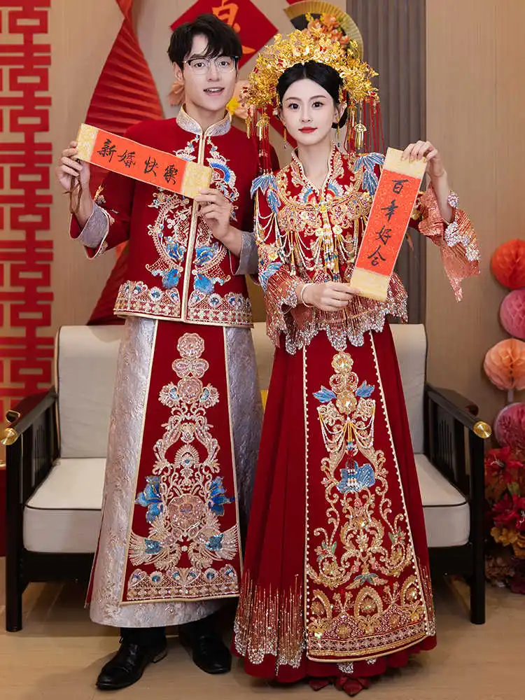 China Trend Xiuhe Clothing Velvet Couple Set Chinese Groom Tang Suit Bridal Heavy Industry Wedding Ceremony Toasting Dress