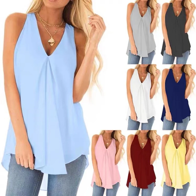 Mùa Hè 2022 Thời Trang Mới Đồng Màu Cổ Chữ V Gợi Cảm Không Tay Thẳng Cơ Bản Áo Thun camisole women's