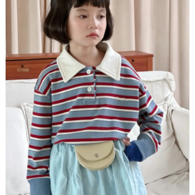 Koreanisches dünn gestreiftes Sweatshirt für Mädchen im Frühling und Herbst, retro, vielseitig, kontrastreiches, lockeres Freizeit-Oberteil.