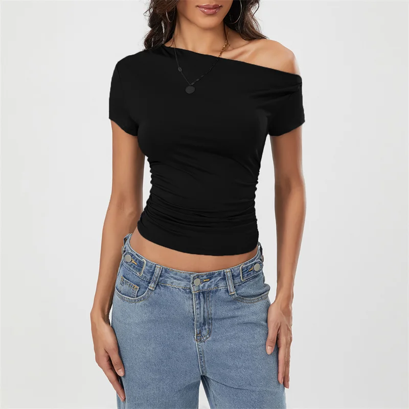 Top corto Y2K para mujer, ropa grunge de verano, camiseta fruncida sin mangas con hombros oblicuos, chaleco, ropa de calle de los años 2000