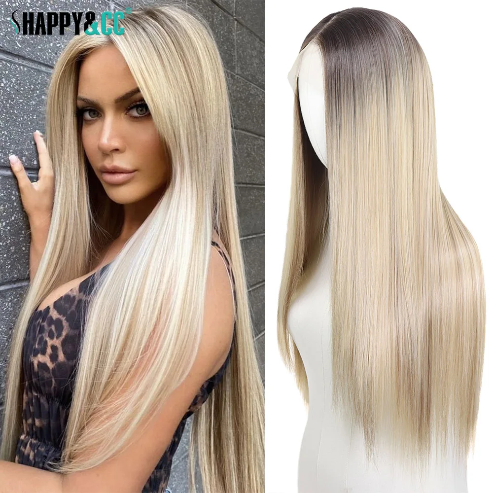 Highlight Blonde 13x4 Lace Front Wigs Straight Dark Roots Ash Blonde Pre Plukced Wig 30Inch Heat Resistant Colored Wig for Women human hair wig
