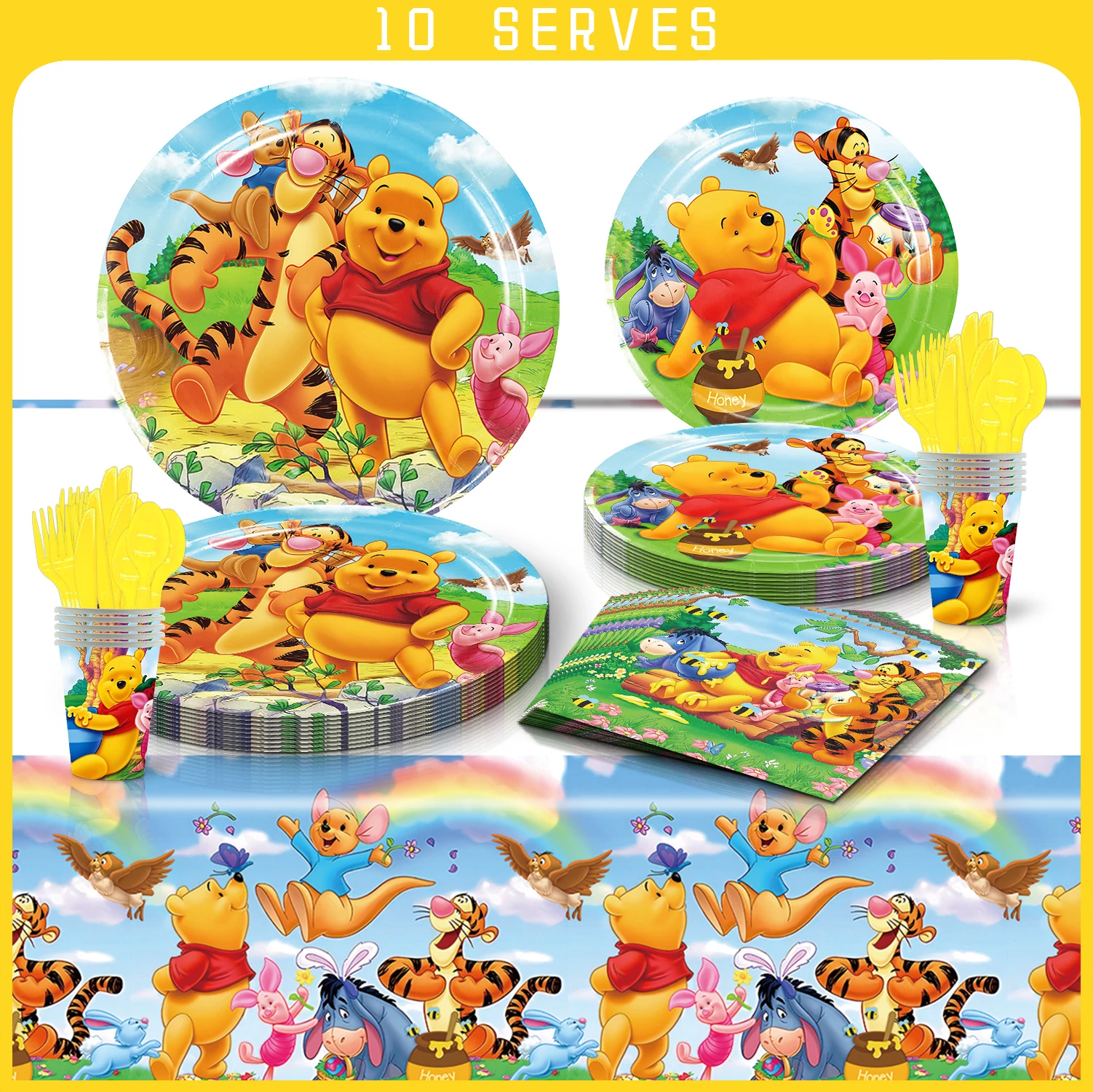 Description Picture 2 of itemIconic Brand New Winnie Pooh Birthbay Party Supplies Disposable Tableware Plate Cup Napkin Tablecloth For Kids Baby Shower decorations
