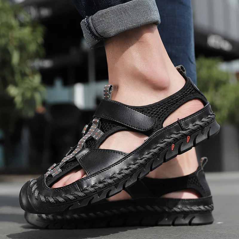 

Men Brand Genuine Leather Summer New Casual Flat Sandals Roman Beach Footwear Male Sneakers Low Wedges Shoes Big Size 38-48