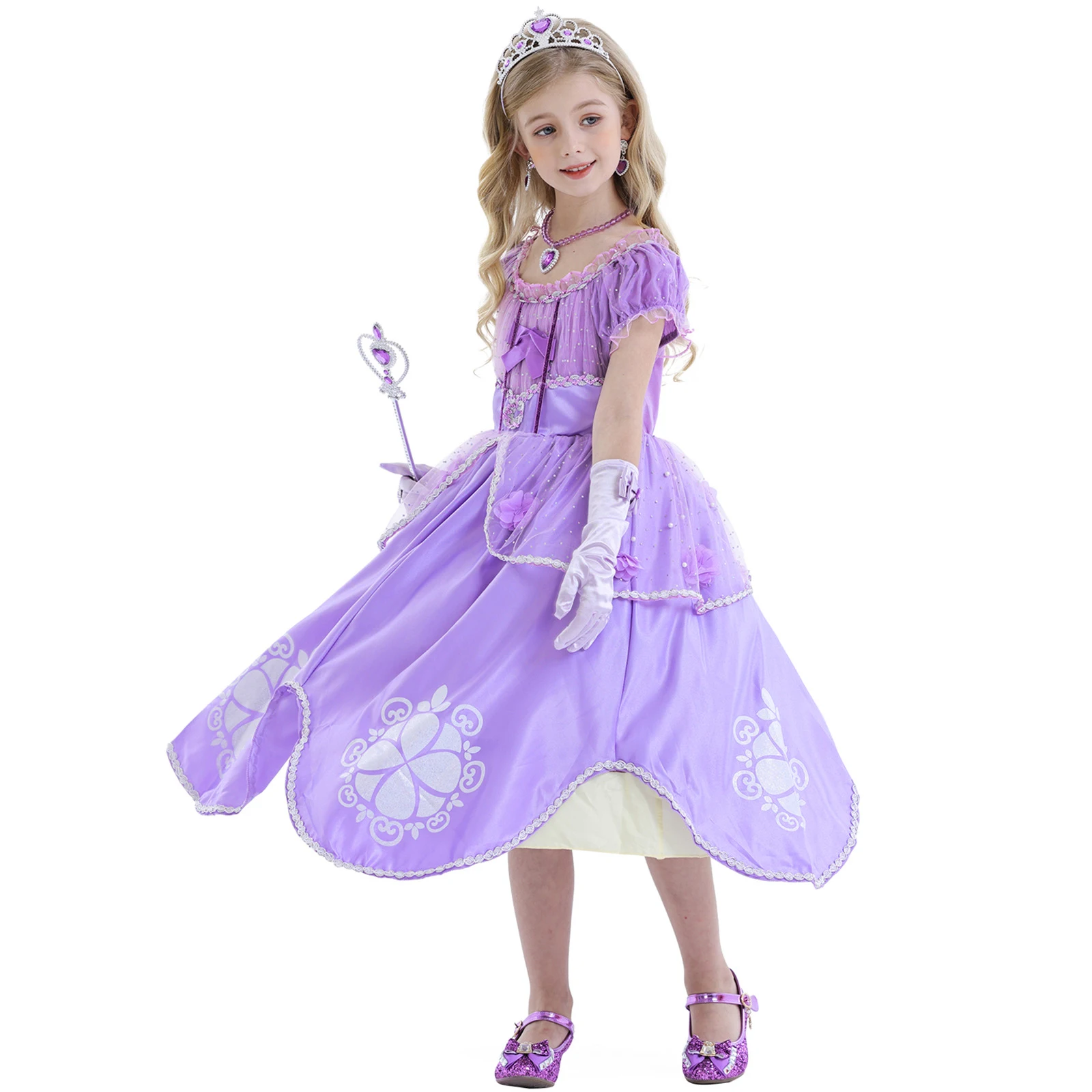 Princesa sofia traje para menina, traje cosplay roxo, manga puff