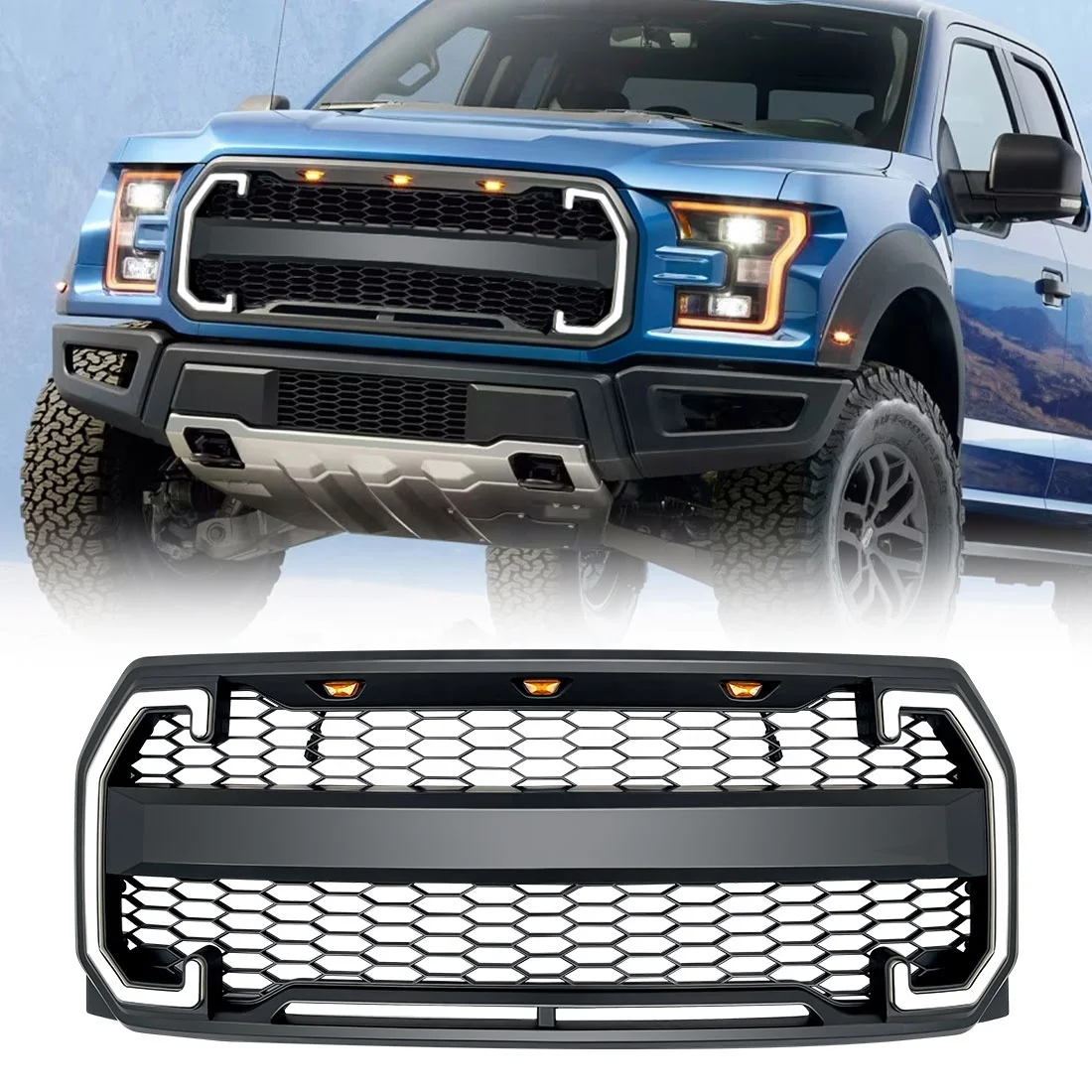 

Front Grill Automotive Exterior Accessories Raptor Style Grille With DRL&Turn Signal Lights Fit For 2015-2017 Ford F150