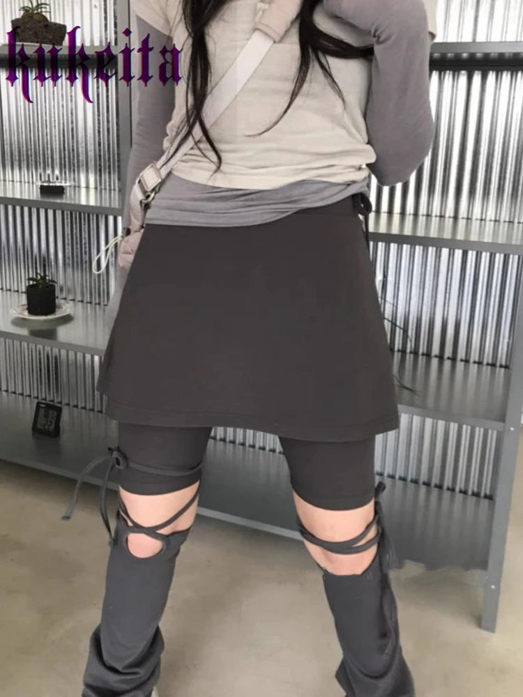 Harajuku Vintage Fake Two Piece Wide Leg Skirt Pants Women Y2k Korean Solid High Waist Lace-up Trousers Streetwear Casual Pants