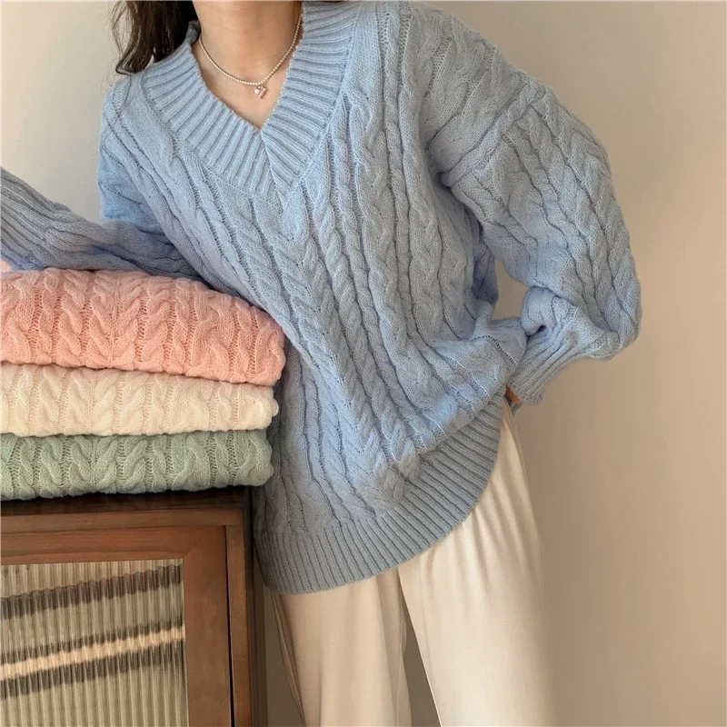 

Chic Korean Fashion Sweaters Elegant Vintage V-Neck Women Winter Spring Tops Solid Vintage Pullovers