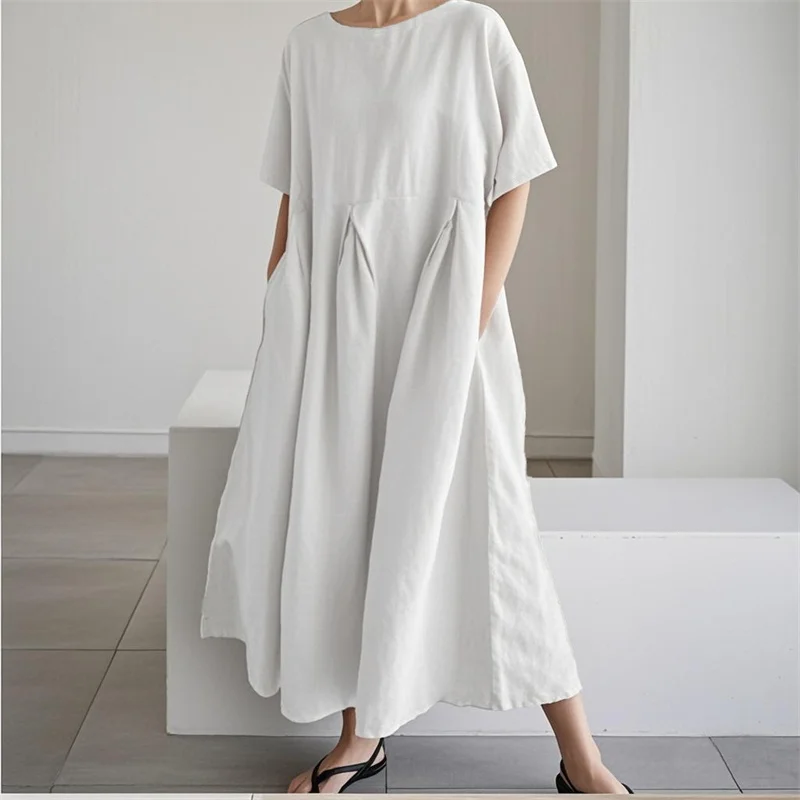 Hochgeschnittene Modische Übergröße-Kleider für Damen Baumwolle Leinen Locker Lässig O-Ausschnitt Pullover-Kleid Einfarbiges Plissiertes Kleid – Detail 22
