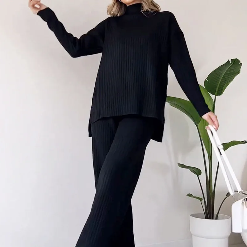 Two Pieces Women Pant Sets Solid Turtleneck Tops Pullover Wide Leg Ankle Length Pants Matching Sets Pockets Sports Casual 4