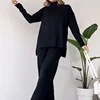 Two Pieces Women Pant Sets Solid Turtleneck Tops Pullover Wide Leg Ankle Length Pants Matching Sets Pockets Sports Casual 4
