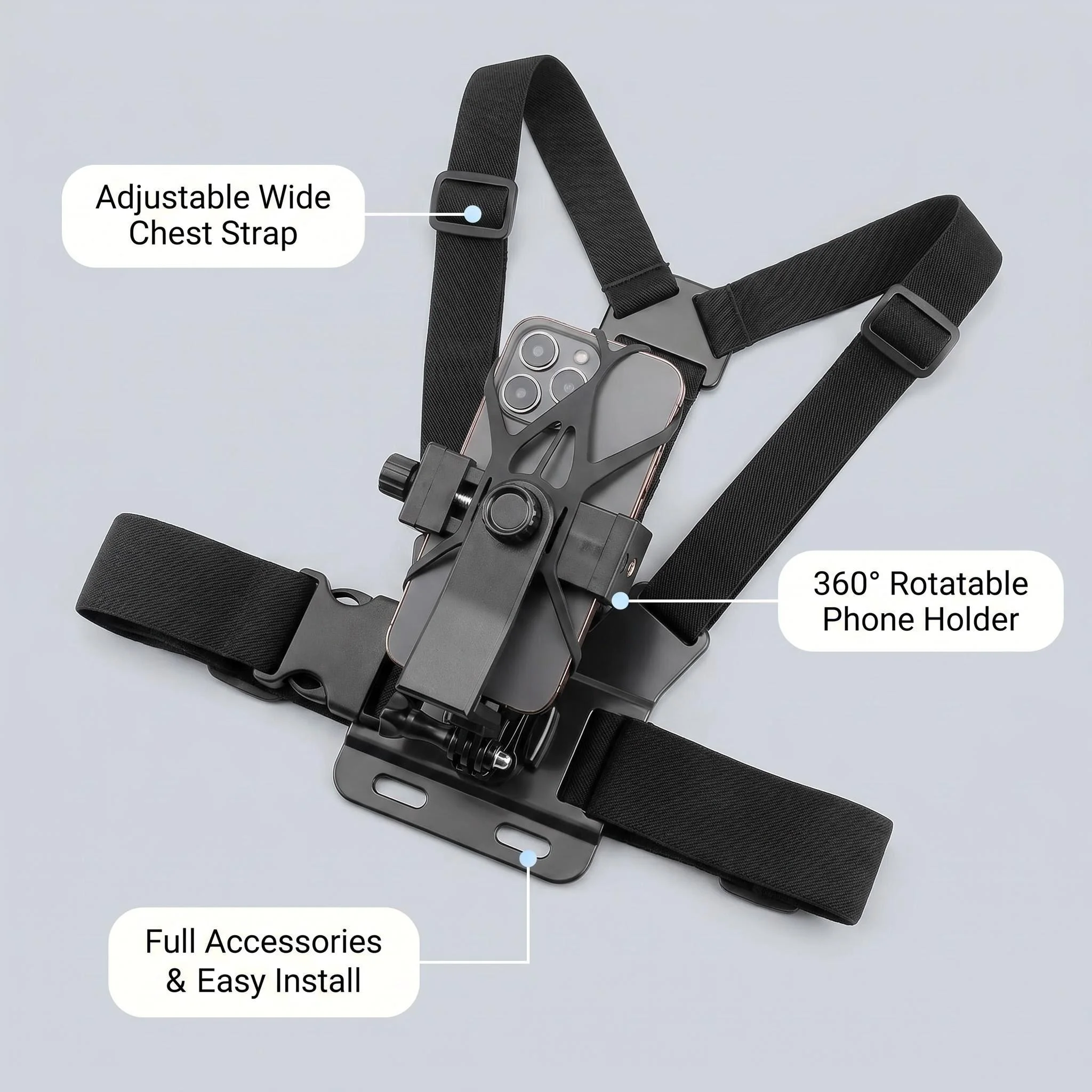 7-in-1 조절 가능한 가슴 장착형 휴대폰 홀더, GoPro 브랜드 휴대폰, Osmo, Sjcam, Akaso, Insta360에 적합하여 W 촬영 가능