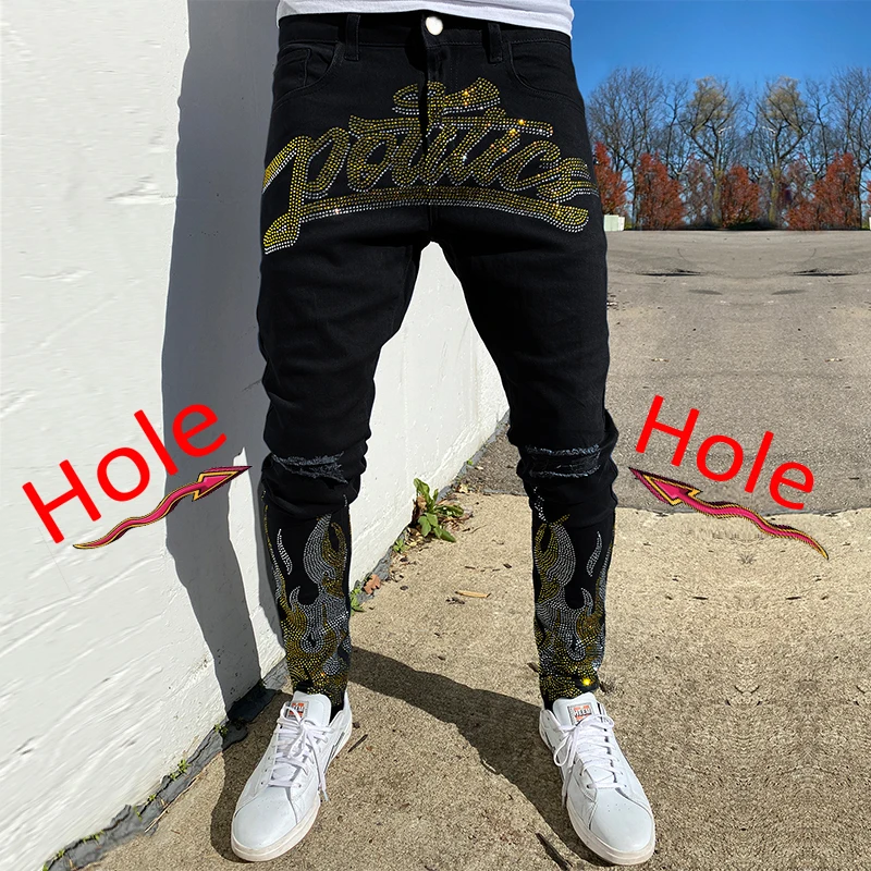 New Men Stretch Destroyed Hole Taped Slim Fit Black Jeans Biker Trousers Ripped Skinny Hot Drill Street Punk Denim Pencil Pants