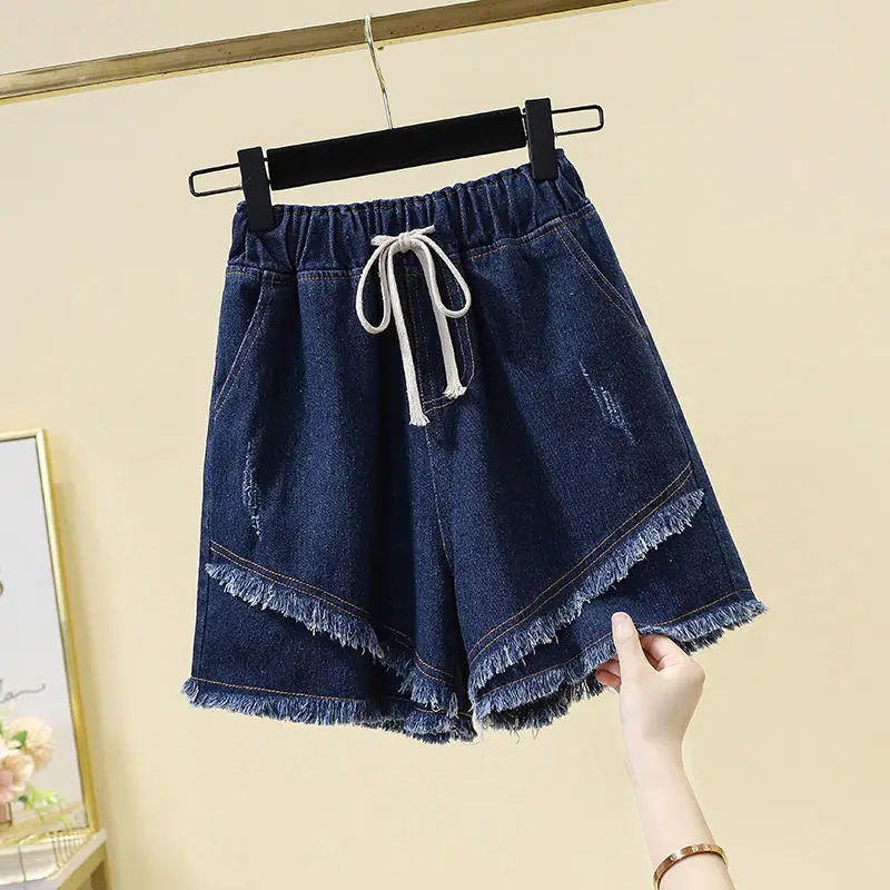 Women's Fashion All-match Spliced Denim Shorts Summer Korean Casual Solid Elastic Drawstring Wide Leg Shorts Female Clothing