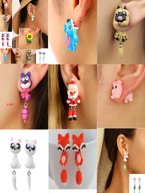 Cute soft clay earrings handmade cartoon animal jewelry earrings theme  separation polymer clay earrings party fun