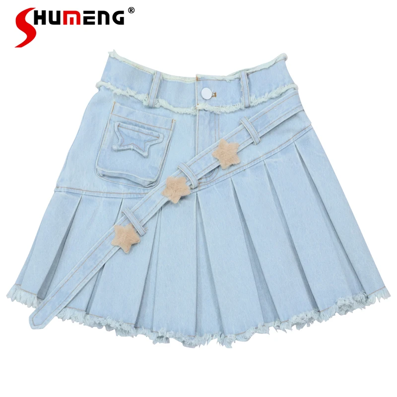 2023 Autumn Winter Star Pocket Asymmetric Ribbon Frayed Skirt Washed Denim Pleated Skirt Slimming Skirts Korean Fashion Clothing shorts tie dye button pocket denim shorts in multicolor size s