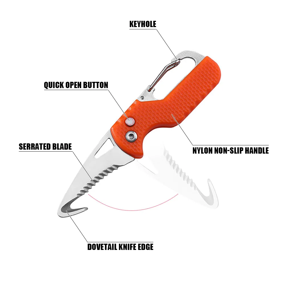 Folding Cutter Portable Express Parcel Knife Stainless Serrated Hook Knife for Outdoor Camping Carry-on Unpacking Keychain