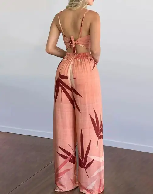 Women's Suit Sexy Sleeveless Backless Women's Outfits Leaf Print Crop Top Uellow