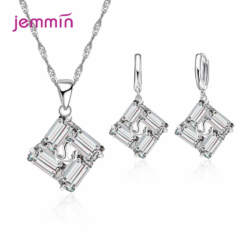 925 Sterling Silver Rainestone Pendant Necklace Earring Women Jewelry Set For European Brand