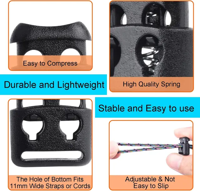 20 Fermacorda A Molla In Plastica - Scorrevoli Per Zaini, Abbigliamento E Tendaggi | Chiusura Sicura Con Foro Singolo - Foto 7