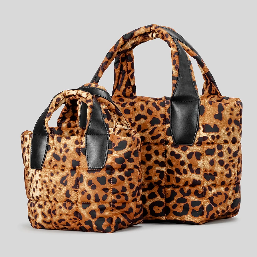 Fashion Leopard Puffer Bag Quilted Padded Women Handbags Soft