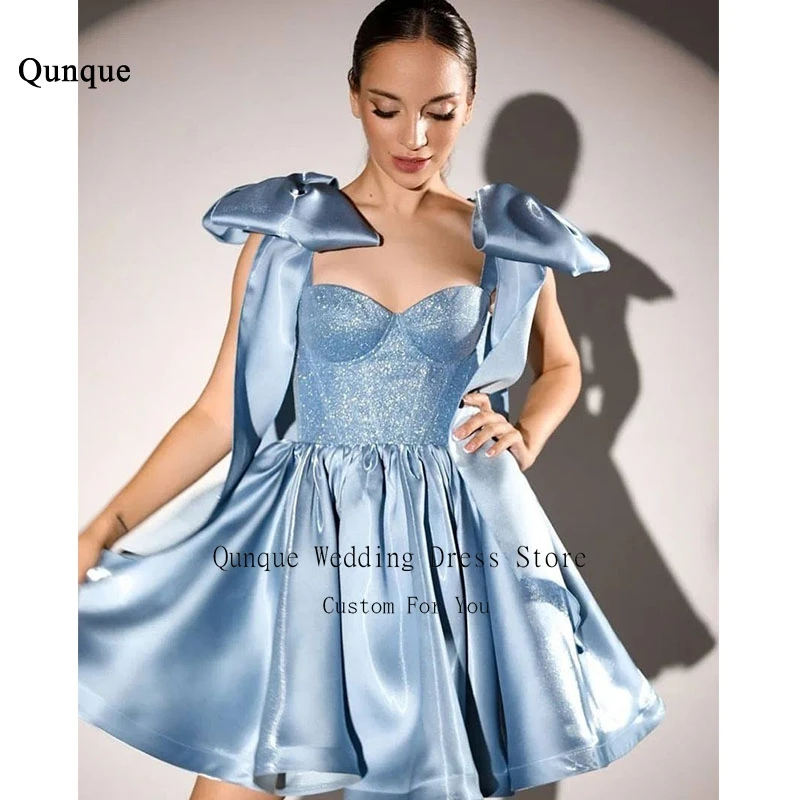 Qunque Shiny Satin Cocktail Dress Bow Straps Short A Line Corset Homecoming Dresses Vestidos Para Eventos Especiales