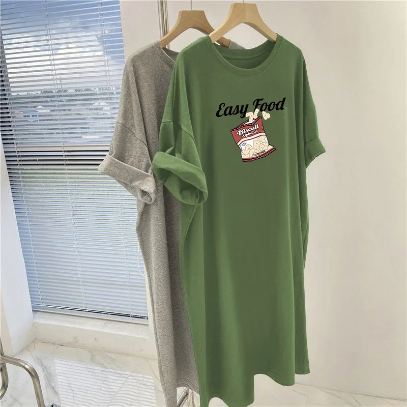 Summer Cartoon Letter Printed Straight Dress, Women Vintage O-neck Knee Length Tunic, Loose Casual Basic Pullovers Dresses