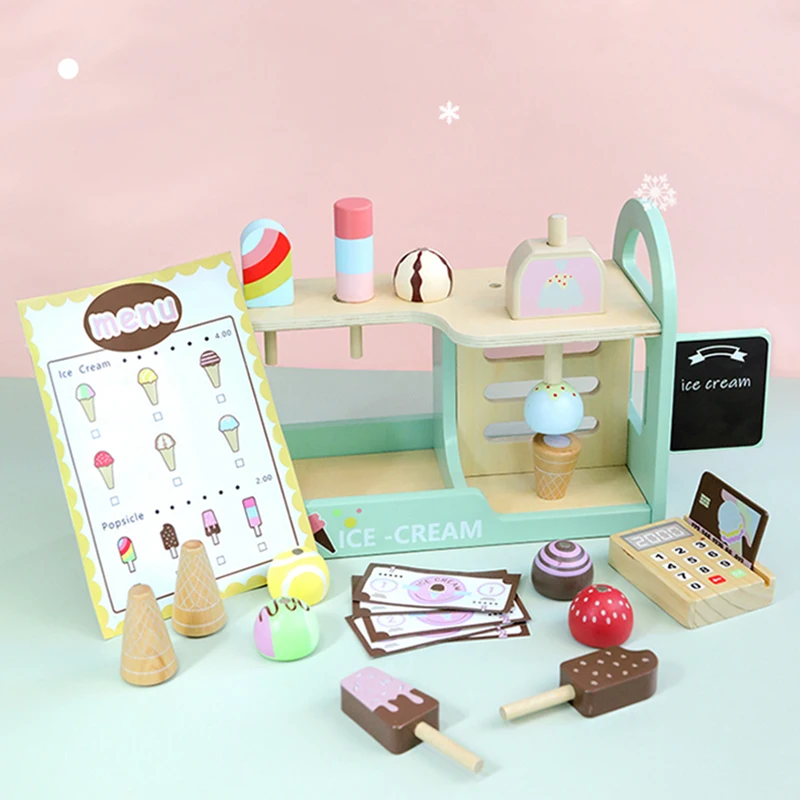 나무 척 장난감 시뮬레이션 아이스크림 카운터 Playset 척 놀이 장난감 주방 액세서리 몬테소리 어린이를위한 학습 장난감