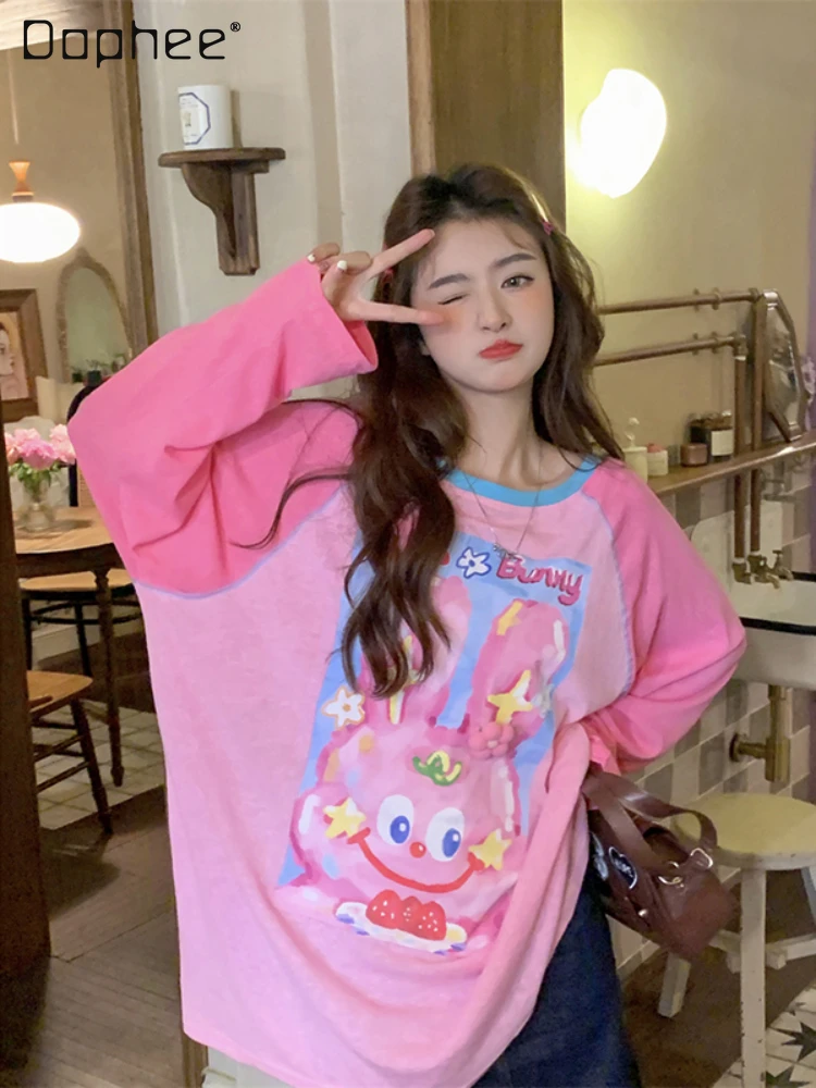 

Sweet Korean Cartoon Printed T-shirt for Women 2023 Spring and Autumn New Loose Mid-Length Thin Long Sleeve Sun Protective Top