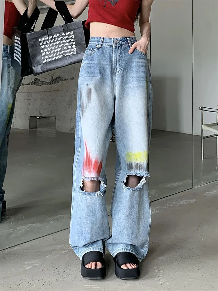 

Harajuku American Loose Bf Trousers New Retro Hole Design Jeans Women Painted High Waist Streetwear Denim Pants Hip Hop