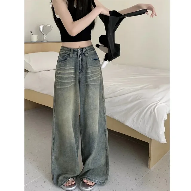 Jean Vintage à jambes larges pour femmes, coupe ample, taille haute, amincissant, décontracté, pantalon Long à jambes droites, tendance au sol 1